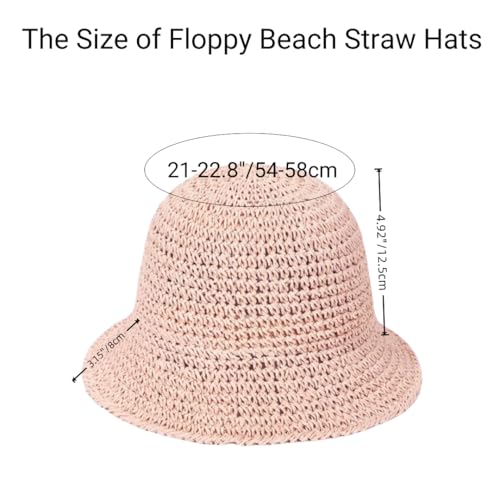 Womens Floppy Straw Sun Hat Packable Wide Brim Summer Beach Hat Foldable Crochet Bucket Hats - color: Pink 2