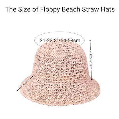 Womens Floppy Straw Sun Hat Packable Wide Brim Summer Beach Hat Foldable Crochet Bucket Hats - color: Pink 2