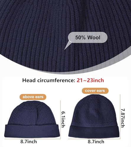 Wool Fisherman Beanie for Men Wome, Thin Knit Winter Hats Skull Cap - color: Navy Blue