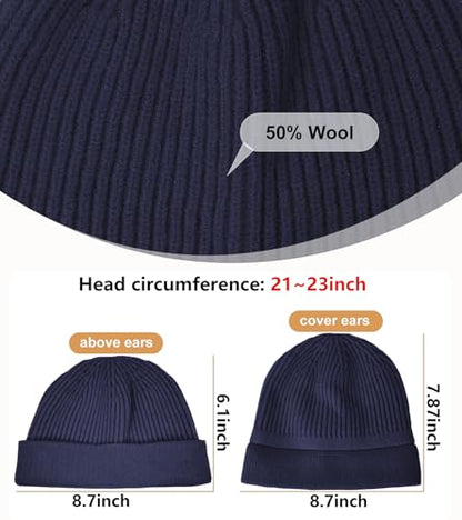 Wool Fisherman Beanie for Men Wome, Thin Knit Winter Hats Skull Cap - color: Navy Blue