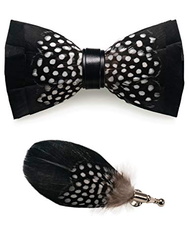 RBOCOTT Handmade Feather Pre-tied Bow tie and Brooch Sets for Men - color: Black/White