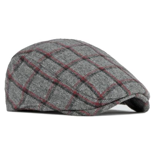 Newsboy Hat for Men Flat Cap Adjustable Tweed Ivy Gatsby Cabbie Hat - color: Grey-red Plaid