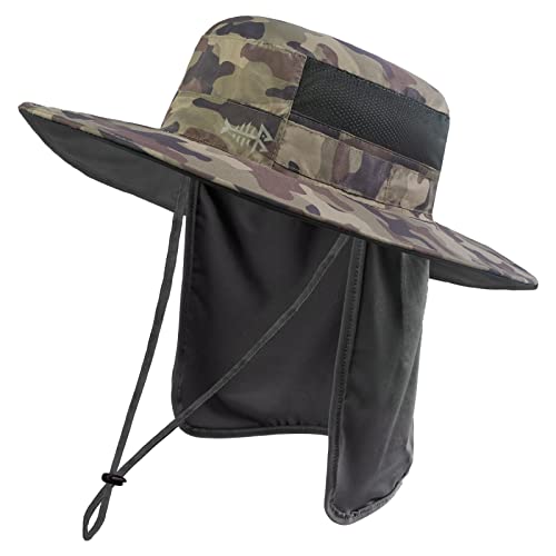 BASSDASH UPF 50+ Sun Fishing Hat Water Resistant with Detachable Neck Flap - color: Earth Camo