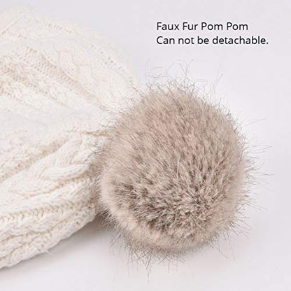 Toddler Baby Boys Girls Winter Hat Kids Ear Flap Warm Fleece Lined Knit Beanie Fur Pom Hat - color: White With Faux Fur Pompom, size: 6-24 Months