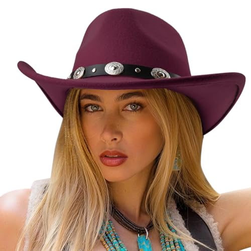 DRESHOW Women Men Classic Felt Wide Brim Western Cowboy & Cowgirl Cap Belt Buckle Retro Panama Hat Unisex Rolled up Caps - color: 1 Pack Style 1: Burgundy (Hat Circumference: 22-22.8")