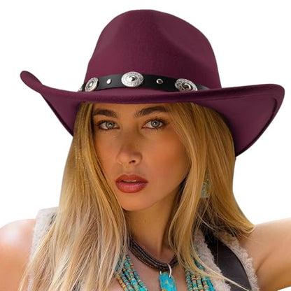 DRESHOW Women Men Classic Felt Wide Brim Western Cowboy & Cowgirl Cap Belt Buckle Retro Panama Hat Unisex Rolled up Caps - color: 1 Pack Style 1: Burgundy (Hat Circumference: 22-22.8")