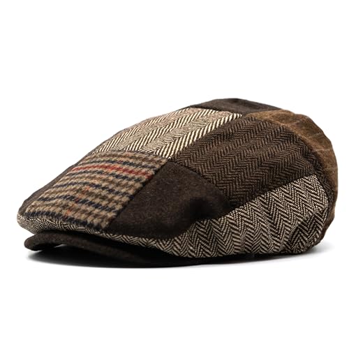 Men's Classic Patchwork Herringbone Checker Plaid Newsboy Ivy Hat Flat Cap - color: Brown, size: Large-X-Large