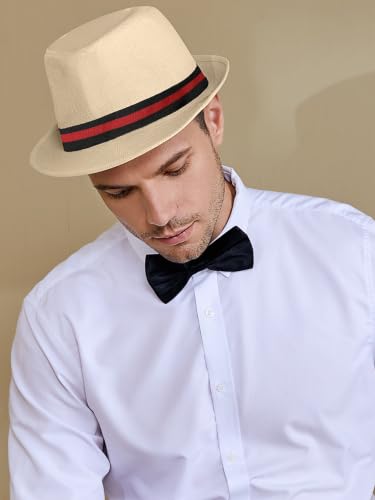 BABEYOND Men's 1920s Short Brim Trilby Fedora Hat - color: A-beige With Stripes