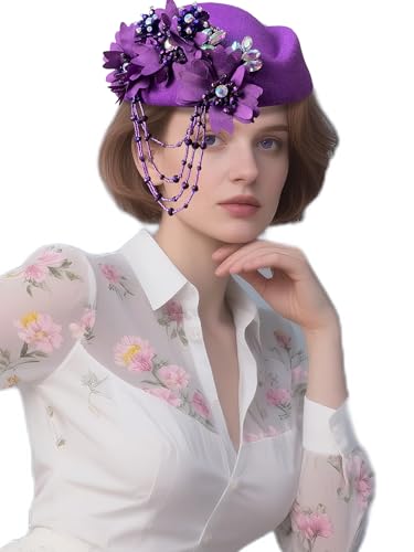 Petaluna Women's Flower Beret Suitable for Church Wearing Elegant Breathable Wedding Party Retro French Headdress - color: Purple-2