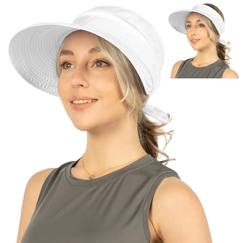 SUN CUBE Womens Sun Hat UV Protection Wide Brim Zip-Off Golf Visor - color: White