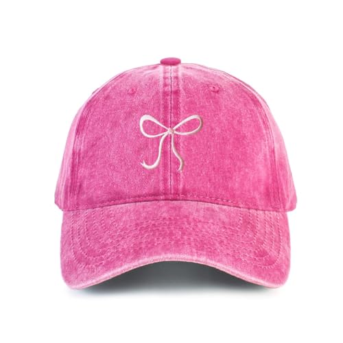 Bow-Tie Baseball Cap for Women Vintage Washed Cotton Adjustable Distressed Embroidered Dad Hat - color: Rose Red