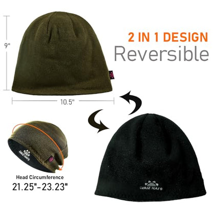 Lvaiz Winter Fleece Lined Beanie Hat for Men Women Reversible Skull Cap - color: Olive Green+grey