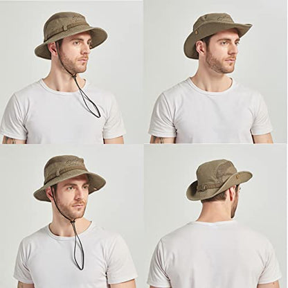 Sun Hat Men Cotton Embroidery Wide Brim Bucket Safari Boonie - color: Coffee Browm, size: 7 1/4-7 5/8