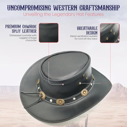 Equine Care Leather Cowboy Hat for Men & Women, Genuine Leather Western - color: Black – Concho Band, size: 7 1/4-7 3/8
