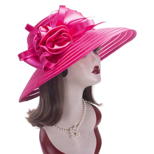Lawliet Womens Satin Ribbon Church Wedding Sun Wedding Occasion Hat A214 - color: Hot Pink