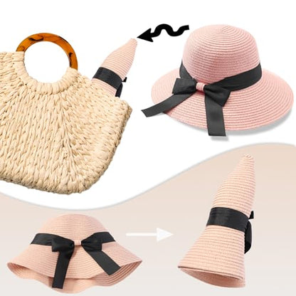 MILAKOO Straw Mesh Buckle Hat Ribbon Bow Cap Strap Foldable Roll Up Cap Sun Protection Hat for Travel - color: 01 Pink