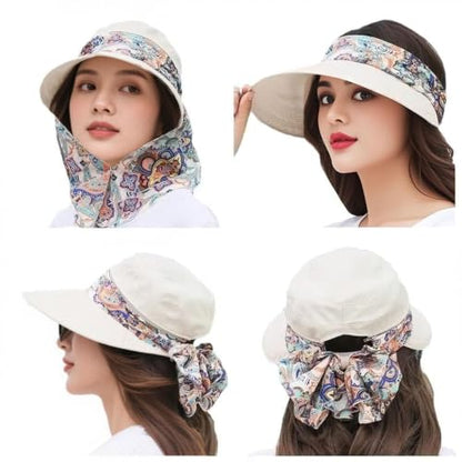 Women Wide Brim Sun Hat Multifunctional Beach Hat Foldable Sun Visor with Removable Neck Flap Bowknot - color: Beige