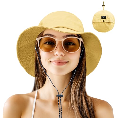NPJY Packable Sun Bucket Hat for Women Outdoor Waterproof Rain Hat - color: Yellow (Packable)