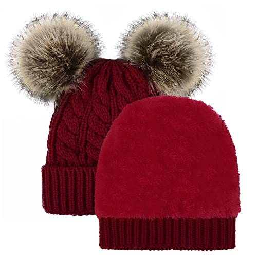 Arctic Paw Pom Pom Beanie Cable Knit Fleece Lined Winter Beanie Women Hat - color: Burgundy Hat Coffee Ball