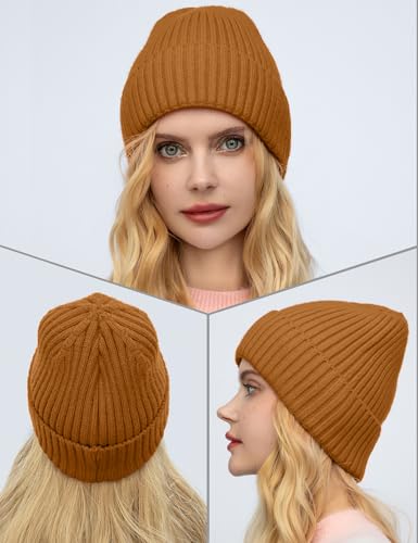 Satin Lined Wool Acrylic Blend Beanie Hat Women Men, Winter Knit Cap - color: Camel