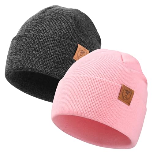 OZERO Beanie for Men and Women, Double-Layer Cuffed Knit Winter Hat - color: Pink+gray