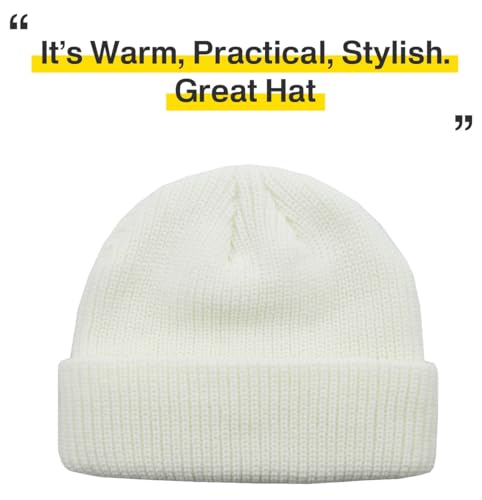 Fisherman Short Beanie Leon Roll up Trawler Classic Skullcap Hipster Beanie Warm Winter Hats Acrylic Ribbed Knit Cuff Daily - color: White Fisherman Beanie