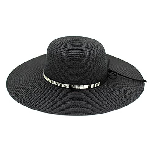 4.5" Wide Brim Foldable UPF50 Rhinestone Trim Floppy Summer Straw Sun Beach Hat - color: Black