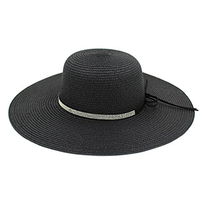 4.5" Wide Brim Foldable UPF50 Rhinestone Trim Floppy Summer Straw Sun Beach Hat - color: Black