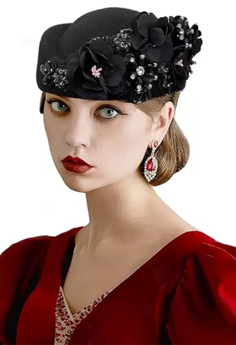 Women's Retro British Felt Headscarf Hat Church Derby Headdress with Floral Women's Soft Beret - color: Black