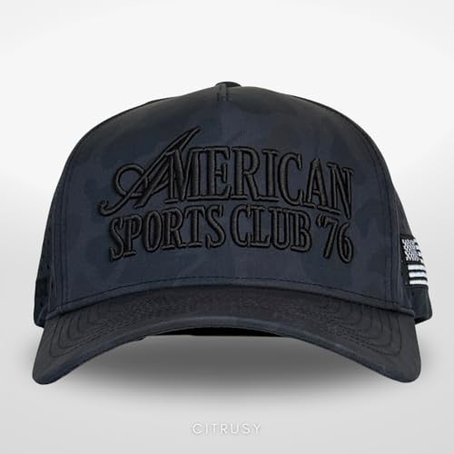 CITRUSY Athletic Trucker Golf Hat | Performance Mens 5 Panel Cap | Cool Breathable Waterproof Workout Running Snapback - color: American Sports Club |Black Camo