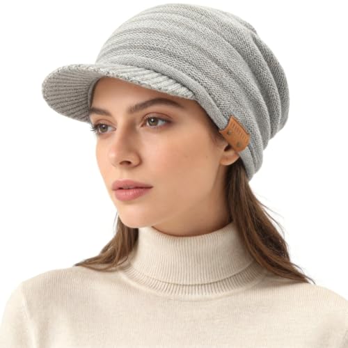 Ruphedy Mens Beanie with Brim Winter Hat Knitted Thick Fleece Visor Beanie - color: B319-light Grey