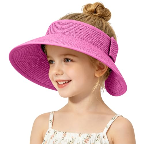 Girls Sun Visor Hat with Ponytail Hole Wide Brim Beach Straw Visor UPF 50+ - color: 1pack-rose