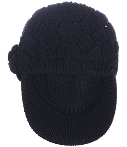 BYOS Womens Winter Chic Cable Warm Fleece Lined Crochet Knit Hat W/Visor Newsboy Cabbie Cap - color: Diamond Pattern W/ Flower Black