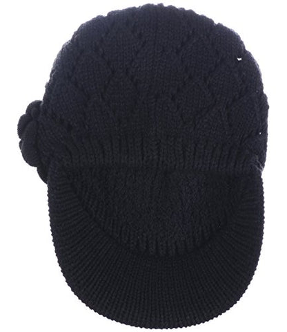 BYOS Womens Winter Chic Cable Warm Fleece Lined Crochet Knit Hat W/Visor Newsboy Cabbie Cap - color: Diamond Pattern W/ Flower Black