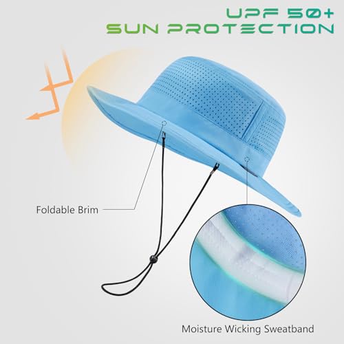 UPF 50+ Bucket Sun Hat with Laser Perforated Mesh Cooling Adjustable Breathable Lightweight for Outdoor Men Women - color: Light Blue