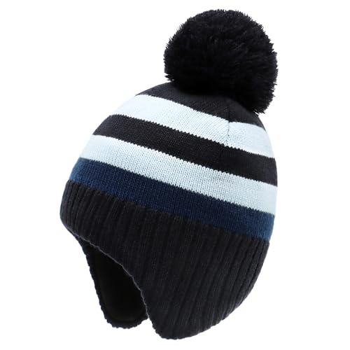Duoyeree Kids Beanie Dinosaur Pom Pom Knit Winter Hat Fleece Lined for 1-7T - color: Blue Stripes, size: 2-4T