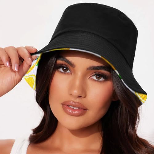 Unisex Bucket Hat Beach Sun Hat Aesthetic Fishing Hat for Men Women Teens, Reversible Double-Side-Wear - color: Lemon White