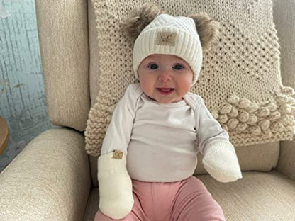 Funky Junque Baby Double Faux Fur Pom Pom Beanie & Mittens Set – Newborn Infant 0–9 Months Winter Hat with Soft Lined Mittens - color: Diagonal Basketweave: White (0-9 Months)