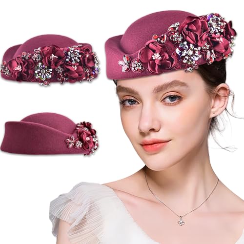 Women's Retro Stewardess Felt Hat, British Berets, Rhinestone Flower Decor, Ladies' Church Derby Hat - color: Wine Red