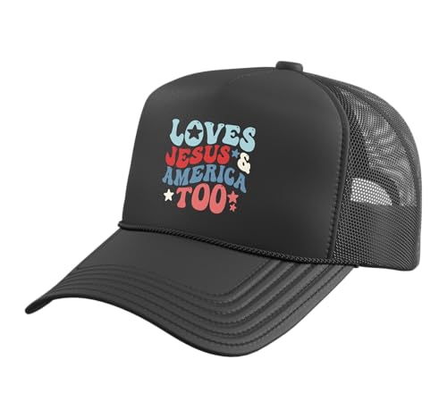 Loves Jesus and America Too 4th of July Groovy God Christian Trucker Hat with Adjustable Mesh Back - color: Black