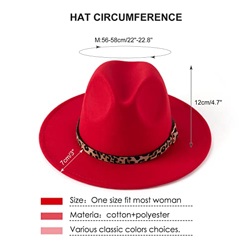 Women's Wide Brim Felt Fedora Panama Hat with Leopard - color: Red