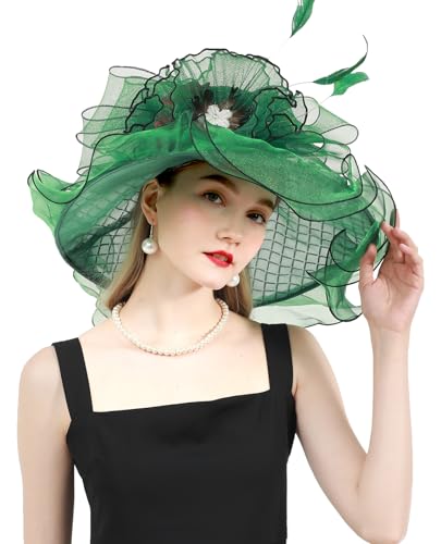 ORIDOOR Women Organza Fascinator Church Derby Hat Floral Tea Party Wedding Hat - color: 868-green