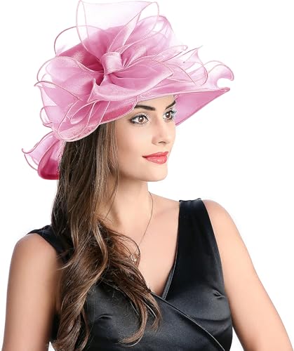 ORIDOOR Women's Organza Cloche Bowler Hat Derby Fascinator for Tea Party Bridal Wedding Hat - color: 011c1-purple Pink