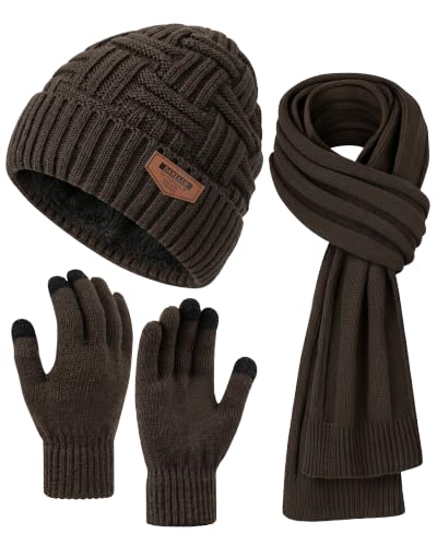 Winter Scarf for Men, 3 PCS Fleece Beanie Hat and Gloves Set - color: X-coffee Color