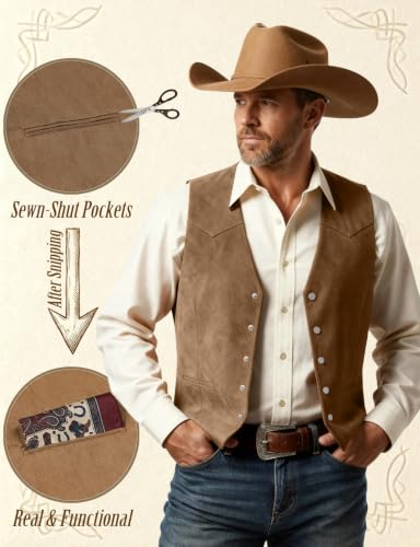 JEMITOP Men's Retro Western Cowboy Faux Suede Leather Vest - color: Brown, size: Small