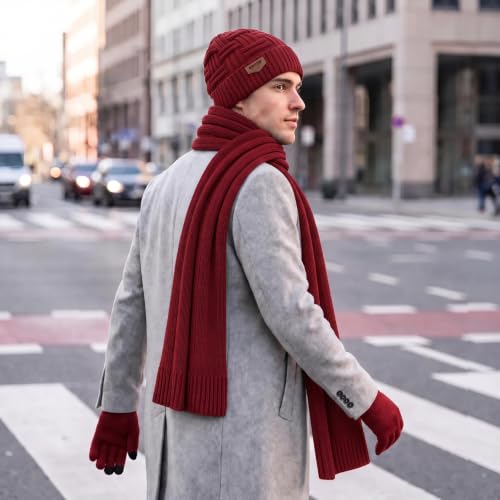 Winter Scarf for Men, 3 PCS Fleece Beanie Hat and Gloves Set - color: Wine Red Hat Scarf Gloves Set