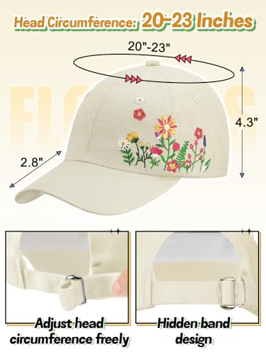 Trendy Handmade Embroidered Baseball Cap for Girls Women, Vintage Wash - style: Floral(beige)