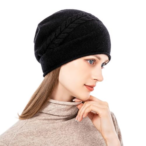 Knit Slouchy Beanie Hats for Women Cashmere Ski Cap Knitted Wool Soft Warm Winter Hat - color: B02a-black