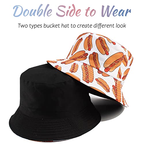 Reversible Bucket Hat for Women Summer Travel Fisherman Cap, Girls Cute Double Side Wear Bucket Cap - color: Hot Dog