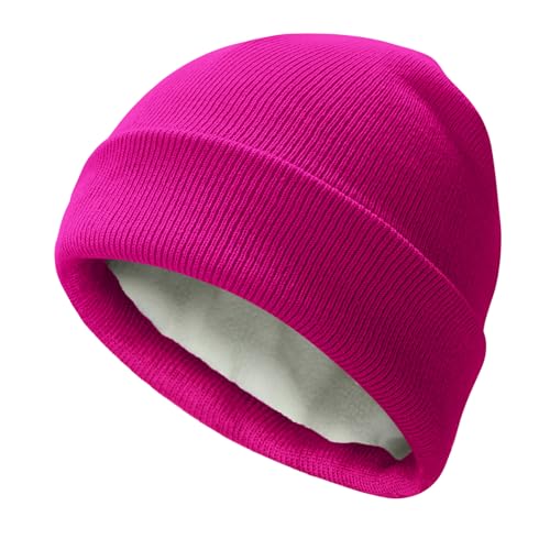 PFFY Beanie for Men Women Unisex Knit Cuffed Winter Thick Lined Beanies Hat - color: Pure Rosered